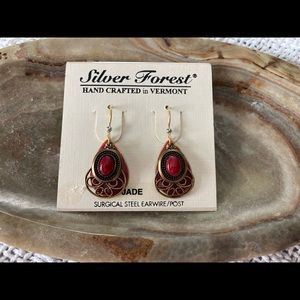 Silver Forest Red Teardrop Filigree Earrings